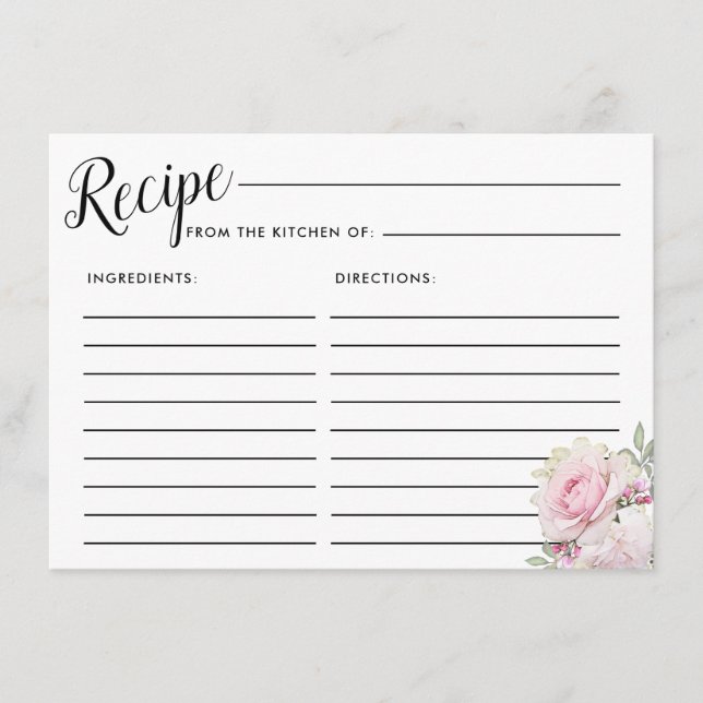 Blush Pink Rose Floral Bridal Shower Recipe Card (Front)