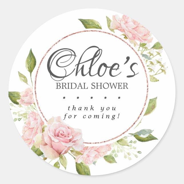 Blush Pink Rose Floral Bridal Shower Thank You Classic Round Sticker (Front)