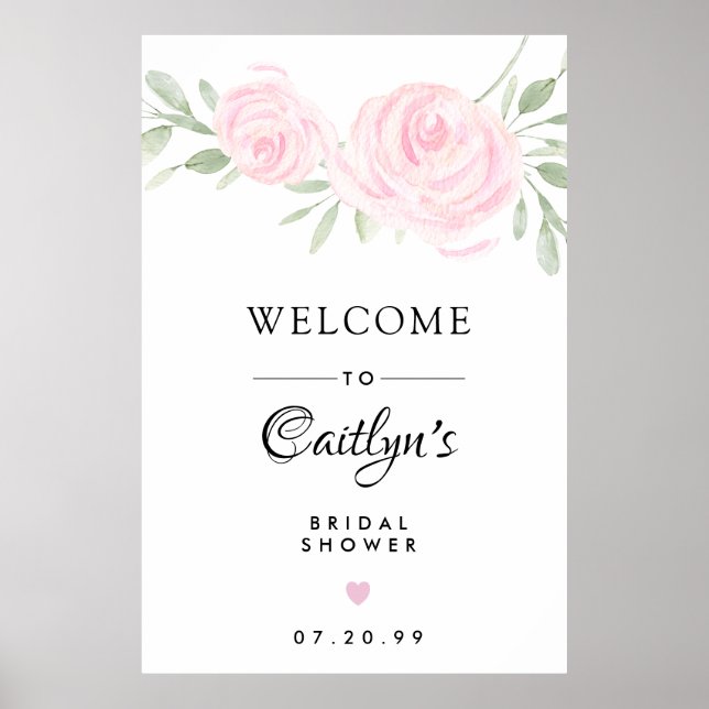 Blush Pink Rose Floral Bridal Shower Welcome Sign (Front)