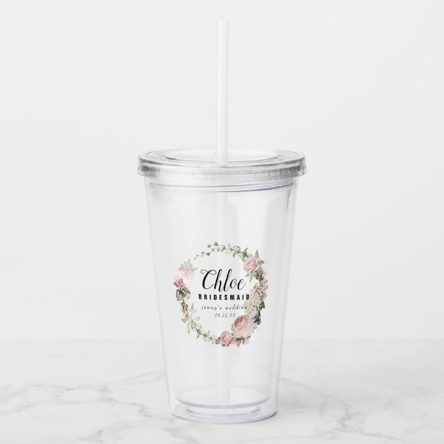 Blush Pink Rose Floral Bridesmaid Acrylic Tumbler (Front)