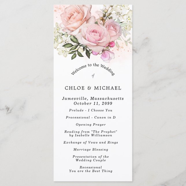 Blush Pink Rose Floral DIY Wedding Programme (Front)