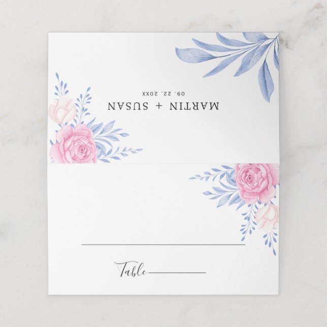 Blush Pink Rose Floral Dusty Blue Leaves Wedding Place Card (Outside Unfolded)