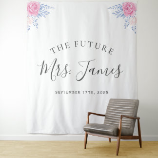 Blush Pink Rose Floral Dusty Blue Wedding Backdrop Tapestry