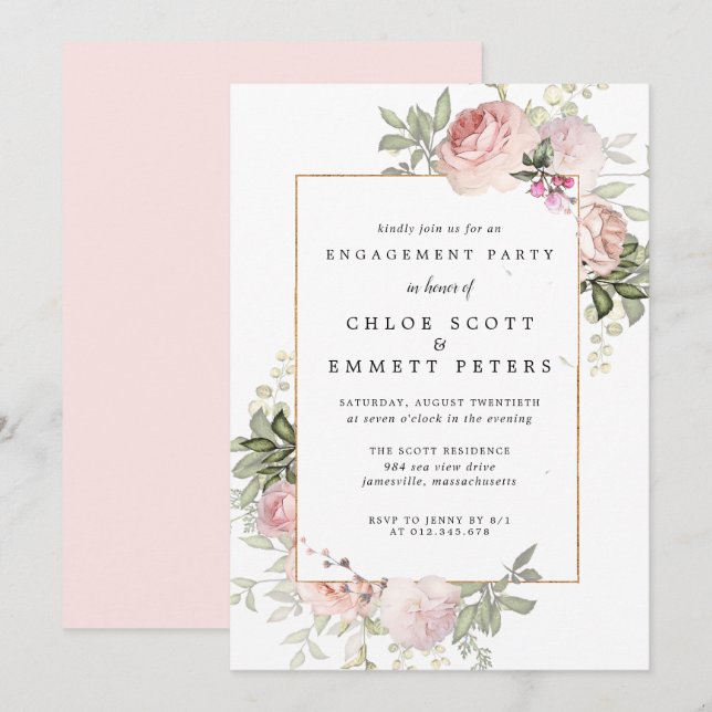 Blush Pink Rose Floral Engagement Party Invitation (Front/Back)