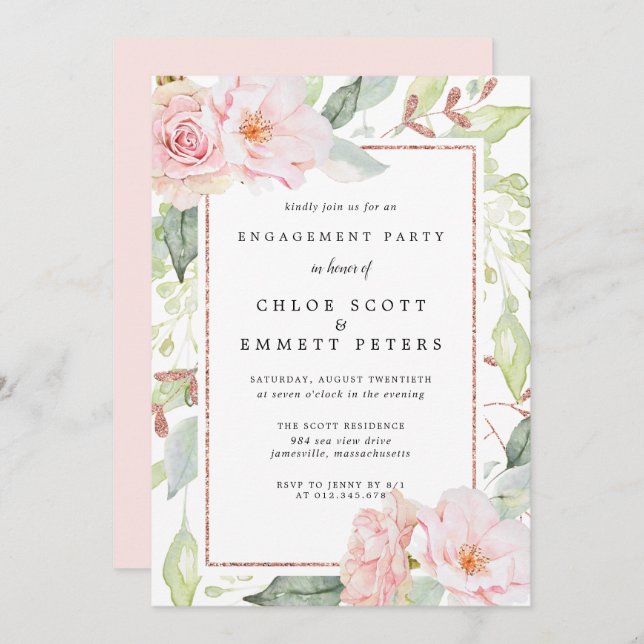 Blush Pink Rose Floral Engagement Party Invitation (Front/Back)