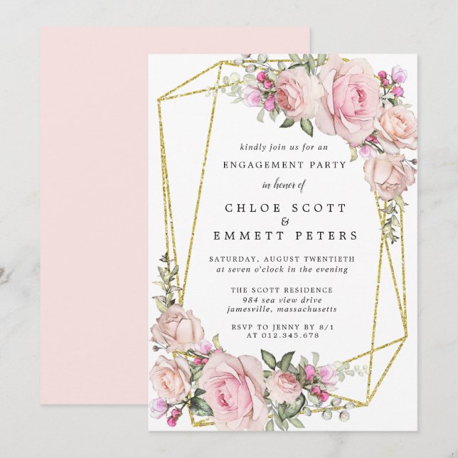 Blush Pink Rose Floral Engagement Party Invitation (Front/Back)