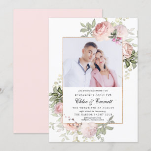 Blush Pink Rose Floral Engagement Party Photo Invitation