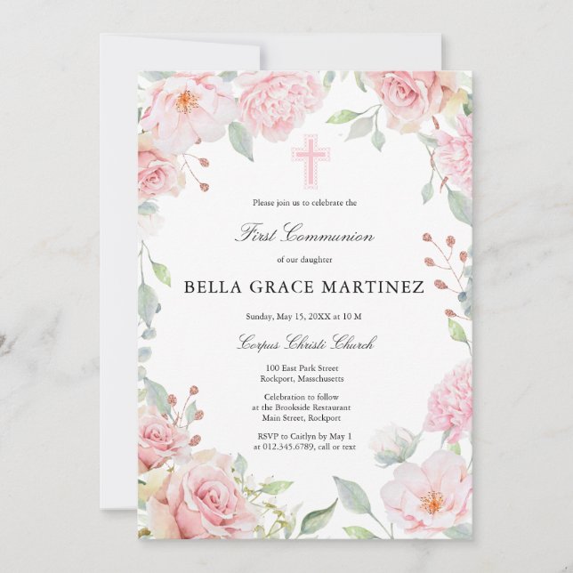 Blush Pink Rose Floral First Communion Invitation (Front)