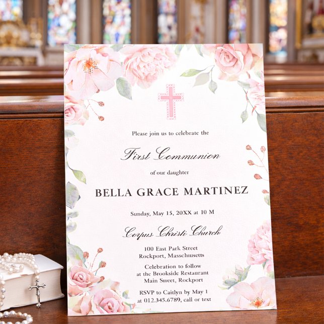 Blush Pink Rose Floral First Communion Invitation (Creator Uploaded)