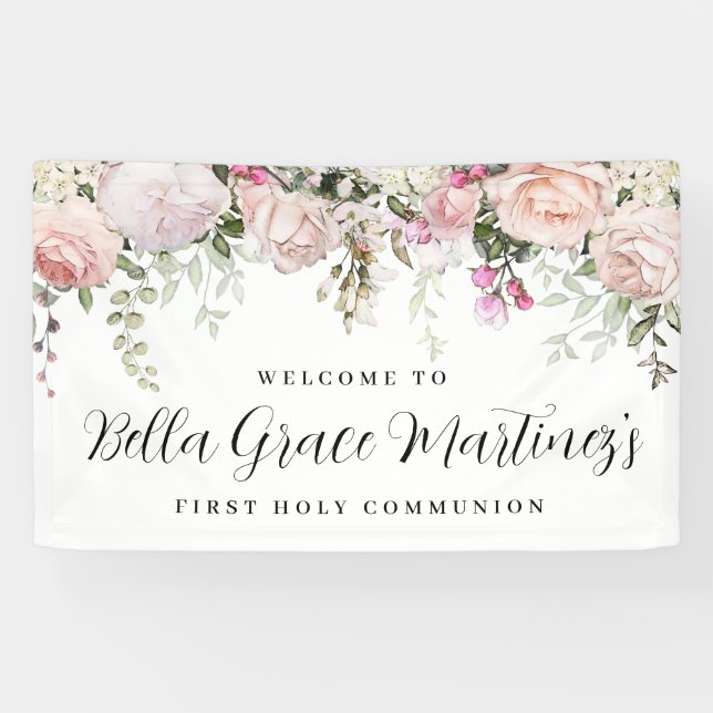 Blush Pink Rose Floral First Communion Welcome Banner (Horizontal)
