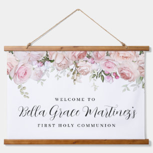 Blush Pink Rose Floral First Communion Welcome Hanging Tapestry