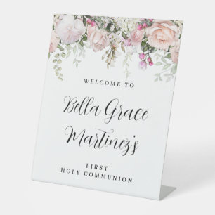 Blush Pink Rose Floral First Communion Welcome Pedestal Sign