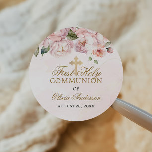 Blush Pink Rose Floral First Holy Communion Classic Round Sticker