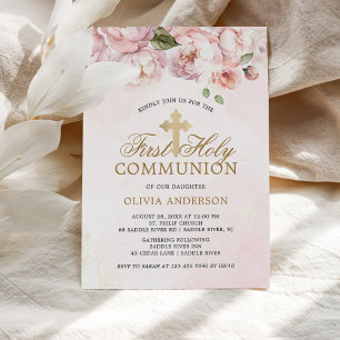 Blush Pink Rose Floral First Holy Communion Invitation