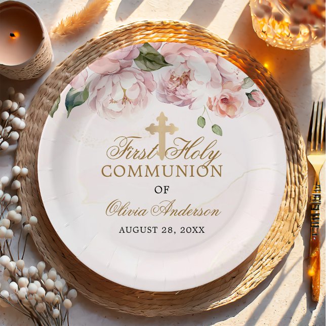 Blush Pink Rose Floral First Holy Communion Paper Plate (Creator Uploaded)