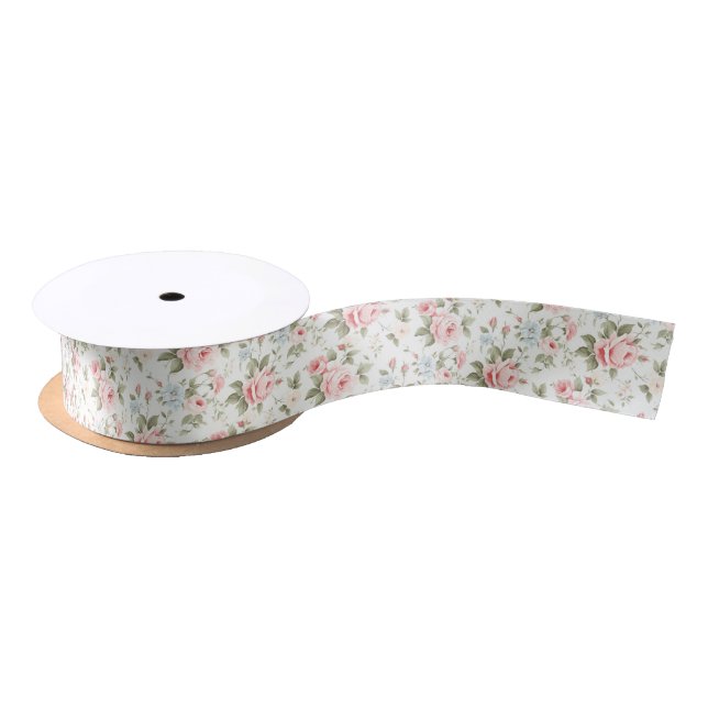 Blush Pink Rose Floral Garden Design Satin Ribbon (Spool)
