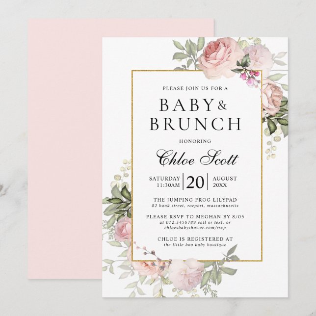Blush Pink Rose Floral Girl Baby Shower Invitation (Front/Back)