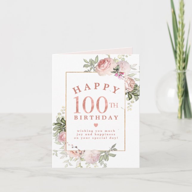 Blush Pink Rose Floral Gold 100th Birthday Card (Front)