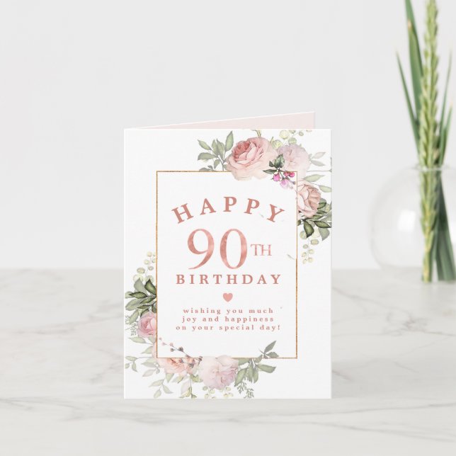 Blush Pink Rose Floral Gold 90th Birthday Card (Front)