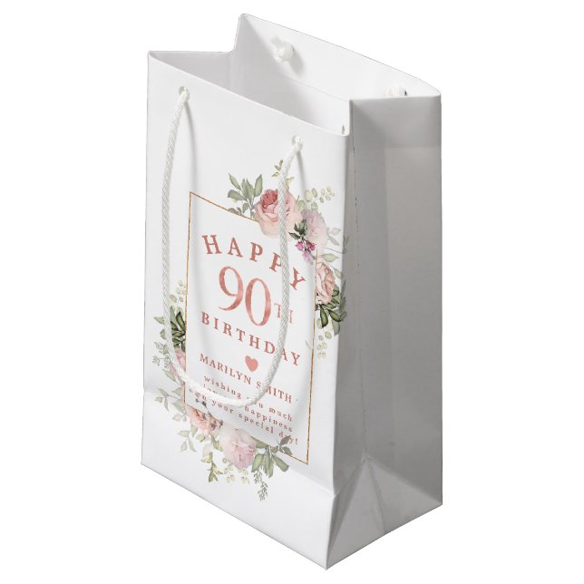 Blush Pink Rose Floral Gold 90th Birthday Small Gi Small Gift Bag (Front Angled)