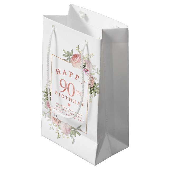 Blush Pink Rose Floral Gold 90th Birthday Small Gift Bag (Front Angled)