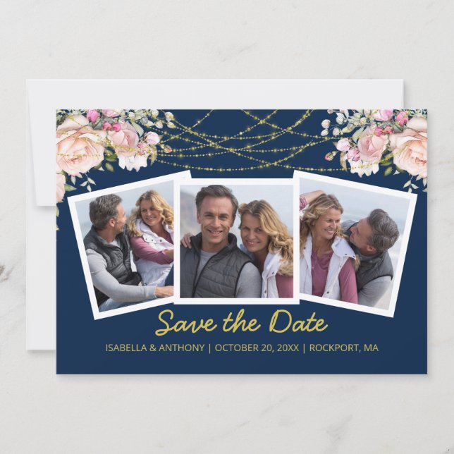 Blush Pink Rose Floral Gold Blue 3 Photo Save The Date (Front)