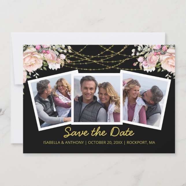 Blush Pink Rose Floral Gold Blue 3 Photo Save The  Save The Date (Front)