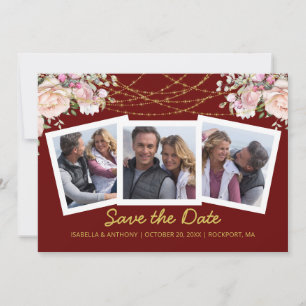 Blush Pink Rose Floral Gold Burgundy 3 Photo Save The Date