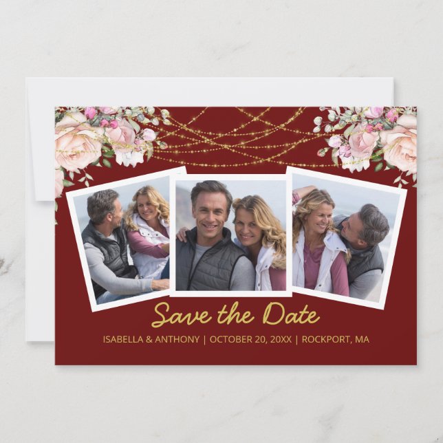 Blush Pink Rose Floral Gold Burgundy 3 Photo  Save The Date (Front)