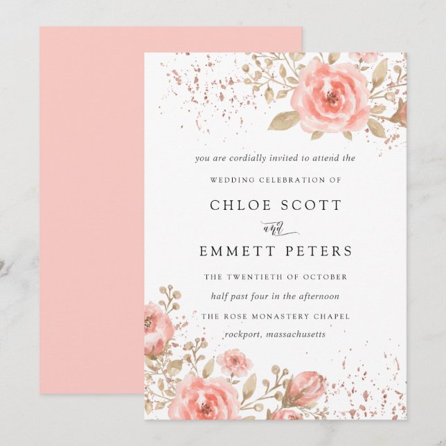 Blush Pink Rose Floral Gold Leaves Invitation (Front/Back)