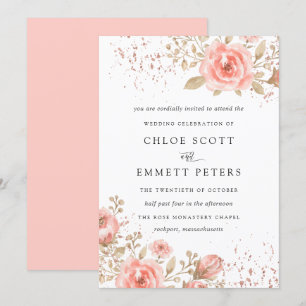 Blush Pink Rose Floral Gold Leaves Invitation