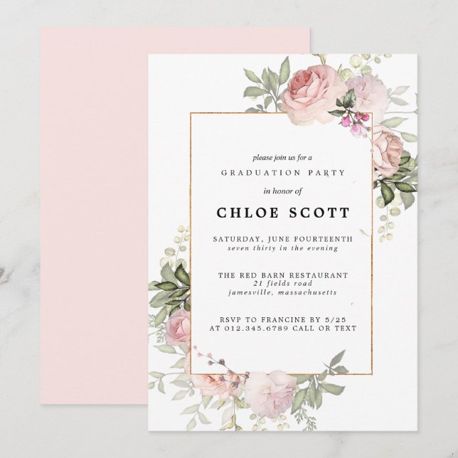 Blush Pink Rose Floral Graduation Invitation (Front/Back)