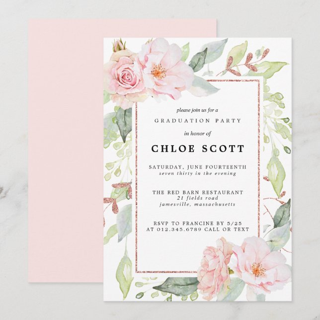 Blush Pink Rose Floral Graduation Invitation (Front/Back)