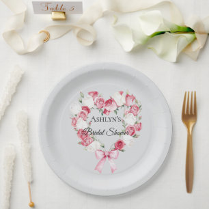 Blush Pink Rose Floral Heart Bridal Shower Paper Plate