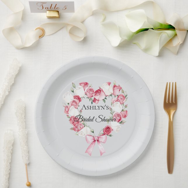 Blush Pink Rose Floral Heart Bridal Shower Paper Plate (Wedding)