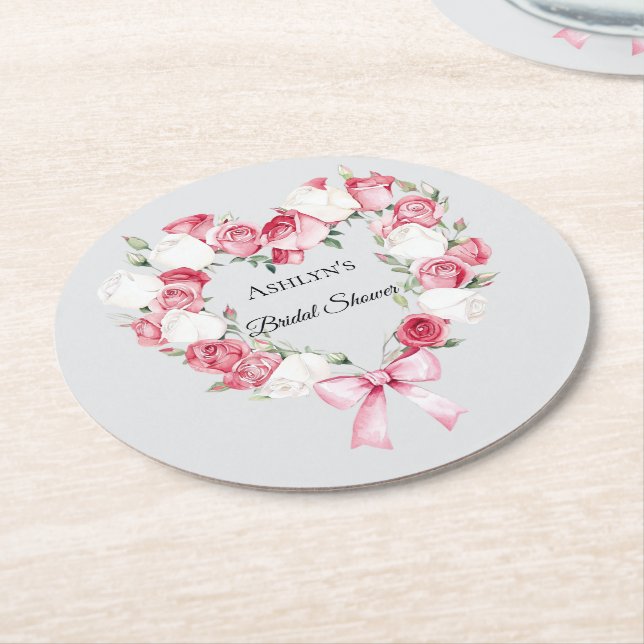 Blush Pink Rose Floral Heart Bridal Shower Round Paper Coaster (Angled)
