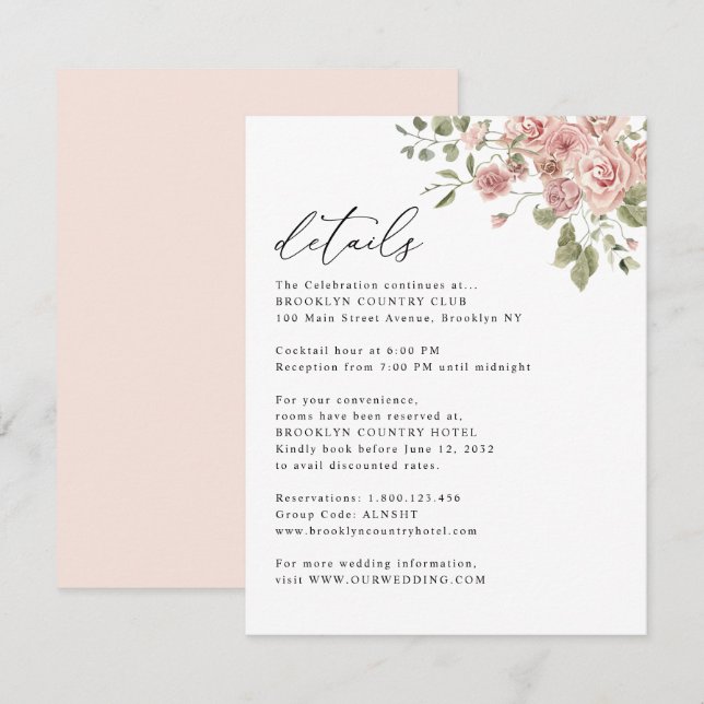 Blush Pink Rose Floral Information Details Wedding Enclosure Card (Front/Back)