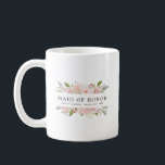 Blush Pink Rose Floral Maid of Honour Coffee Mug<br><div class="desc">Chic and elegant blush pink floral design features the title Maid of Honour and 1 line of personalised text below. All of the text can be edited, the colour, font and size changed. Make one for each of the bridal party. It will look great in your getting ready photos. This...</div>