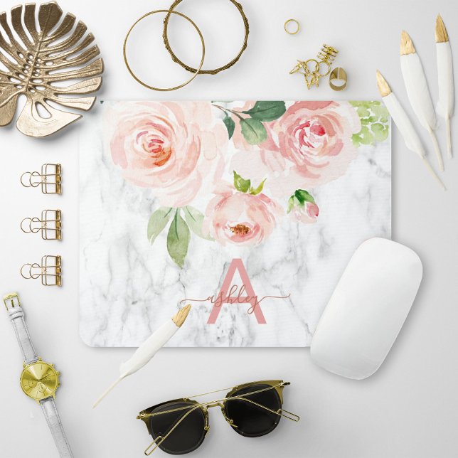 Blush Pink Rose Floral Marble Name Monogram Mouse Mat (Creator Uploaded)
