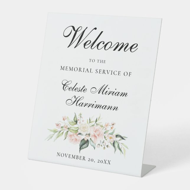 Blush Pink Rose Floral Memorial Service Pedestal Sign (Front)