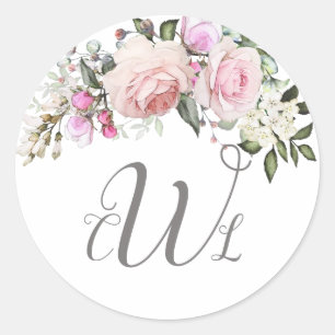 Blush Pink Rose Floral Monogram Classic Round Stic Classic Round Sticker