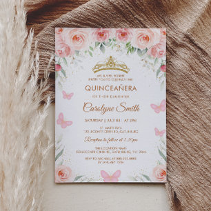 Blush Pink Rose Floral Quinceañera Butterfly Invitation