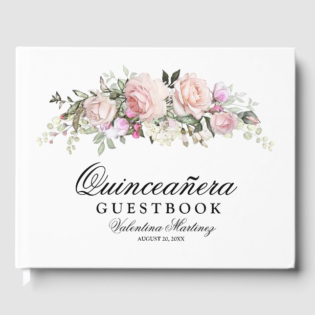 Blush Pink Rose Floral Quinceanera Guest Book (Front)
