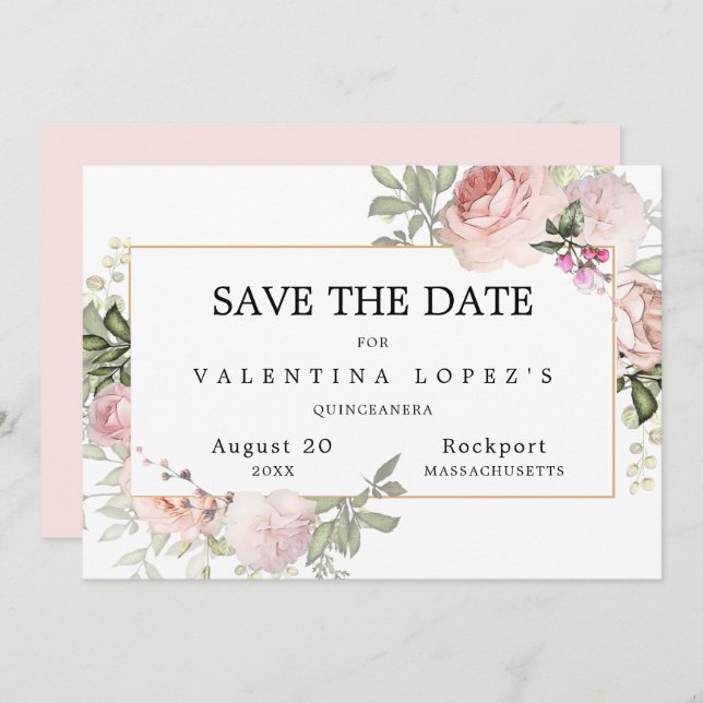 Blush Pink Rose Floral Quinceanera Save The Date (Front/Back)