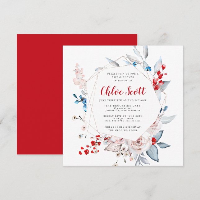 Blush Pink Rose Floral Red Heart Bridal Shower Invitation (Front/Back)