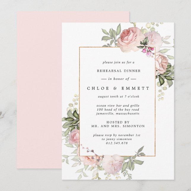 Blush Pink Rose Floral Rehearsal Dinner Invitation (Front/Back)