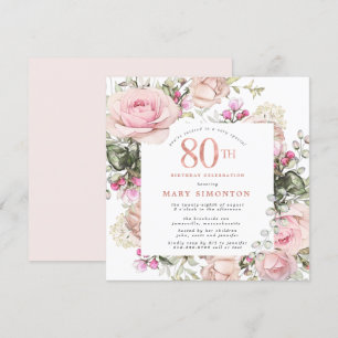 Blush Pink Rose Floral Square 80th Birthday Party Invitation