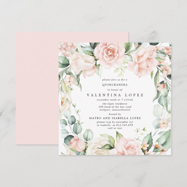 Blush Pink Rose Floral Square Quinceanera Invitation (Front/Back)
