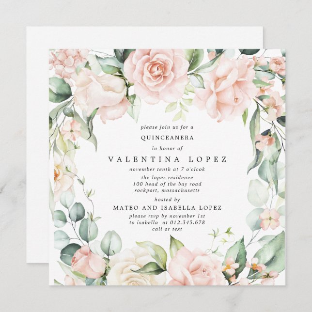 Blush Pink Rose Floral Square Quinceanera Invitation (Front/Back)