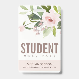 BLUSH PINK ROSE FLORAL STUDENT TEACHER HALL PASS ID BADGE